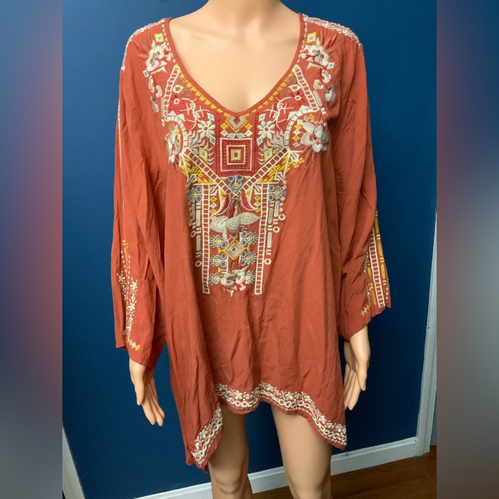 Solitaire Rust Embroidered V-Neck Tunic